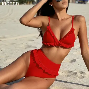 INGAGA Visoko Pasu Bikini Ženske Kopalke Push Up Kopalke Rdeče Ruffle Biquini Seksi Plažo 2021 Nove Kopalne Obleke, Ženske