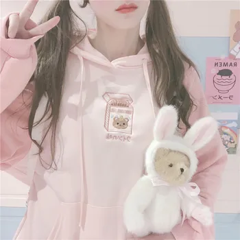 Japonski Mehko Sestra Luštna Dekleta Macaron barve Splice Kapičastih pulover s kapuco Majica Majhne sveže Harajuku Risanka Vezenje puloverju