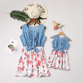 LILIGIRL Družino Videz Ujemanje Oblačila 2019 Novo Mati Hči Denim Otroci Obleke za Dekleta Mamica in mi Cvetlični Obleko Obleke