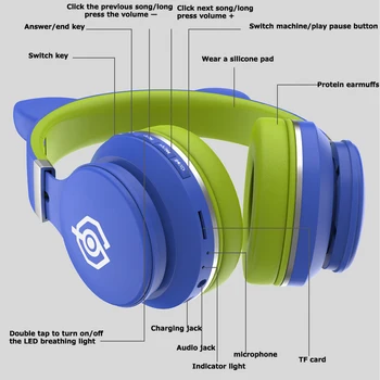Luštna Mačka Bluetooth 5.0 Slušalke Brezžične Stereo Glasbe, Slušalke Lučka LED Mobilni Telefon Dekle Hči Slušalke Podpira TF Kartice