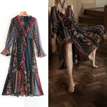 Mozaik Tiskanja Midi Za Obleko Jeseni Ženske 2020 Ruffle Proti-vrat Long Sleeve Vintage Počitnice Obleko Asimetrične Robom Oblog Obleke