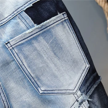 Moške Obliž Design Mozaik Stretch Denim Jeans, Moda Modra Bonitete Raztrgane Hlače Sredi Pasu Hlače