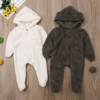 Newborn Baby Dekleta Fantje 0-24M Zimo Dolgo Sleeve Solid Color Mehko Toplo Fuzzy Hooded Romper Jumpsuit Obleke Oblačila