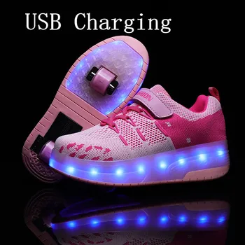Nova Roza USB Polnjenje Moda Dekleta Fantje LED Luči Valjčni Skate Čevlji Za Otroke, Otroci Superge S Kolesi, Dve kolesi