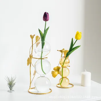 Okroglo Žogo Steklene Vaze s Kovinsko Polico, Ustvarjalnost Doma Mizo Dekoracijo Kristalno Pregleden Vaza Ročno Obrt Vaza Dekoracijo
