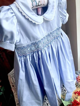 Otroci Modro obleko poletje smocked obleke ročno bombaž letnik poroka, otroci, oblačila, Princesa Stranka butiki otroci oblačila