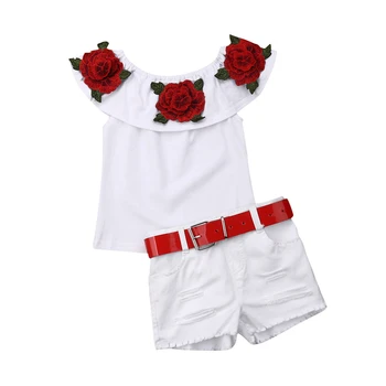Otroci Oblačila Dekleta Rose Cvet Off Ramenski Vrhovi+Traper Hlače Baby Dekle Poletne Obleke Malčka 2PCS Oblačila