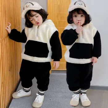 Panda Krzno Obleko, dvodelno, Pozimi Baby Fantje Dekleta Oblačila, ki Žamet Hooded Otroci Oblačila Otroci Malčka, Trenirke Majica