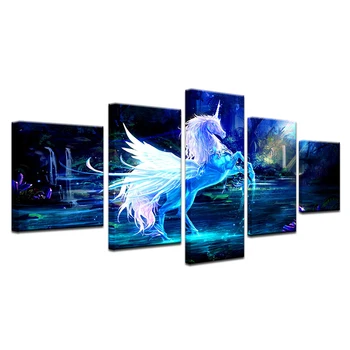 Platno Natisnjeni Modularni Plakat Za Soba Dekor Slikarstvo Okvir 5 Plošči Živali Konj Fantasy Samorog Pegasus Stenskih Slikah
