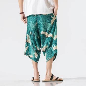 Plus Japonski Slog Perilo Hlače Moški Moški Tradicionalna Oblačila Kimono Streerwear Žerjav Tiskanja Vintage Moda Svoboden Harem Hlače