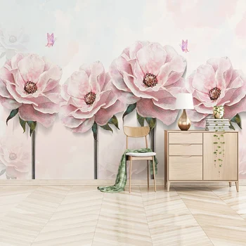 Po meri Nepremočljiva Ozadje 3D Stereo Pink Rose Metulj Cvetje Romantično Freske Dnevna Soba, Spalnica Doma Dekor Stenske Nalepke
