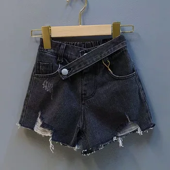 Poletje dekleta jeans baby traper hlače otroci vroče hlače otrok ulične malčka dna raztrgala križ pasu gumb za 3 do 7 let