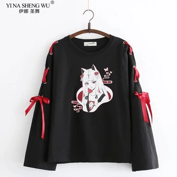 Poletje ženska oblačila Japonske Anime fox natisnjeni prečni trak Ženske Lolita Deklice T-shirt harajuku pomlad Črni Vrh krilo hoodies
