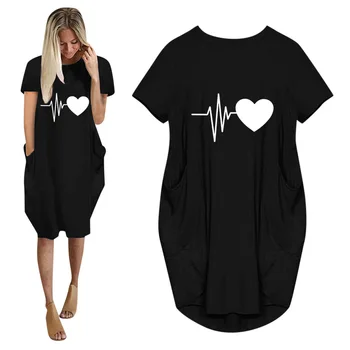 Poletje Ženske Obleke Srce Bije Ljubezen, Tiskanje Plus Velikost Midi Obleko Priložnostne O Vratu Kratek Rokav Z Žep Svoboden Moda Obleko Femme
