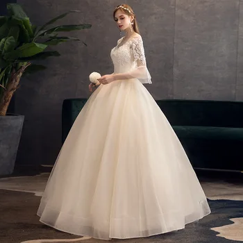 Poročna Obleka 2021 V Brdial Šampanjec Pol Flare Rokav Proti-vrat Žogo Obleke Princess Luksuzni Čipke Embroiudery Poročne Obleke