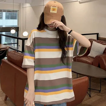 Preppy stil unisex T-shirt 2020 poletje novi korejski oversize kratek sleeved majica s kratkimi rokavi ženske Harajuku vse-tekmo prugasta študent vrh