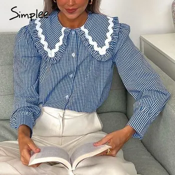 Simplee Letnik modra kariran turndown ovratnik shirt Gumb dolg rokav bombažno bluzo ženske Lepe jeseni, pozimi ženske oblačila 2020