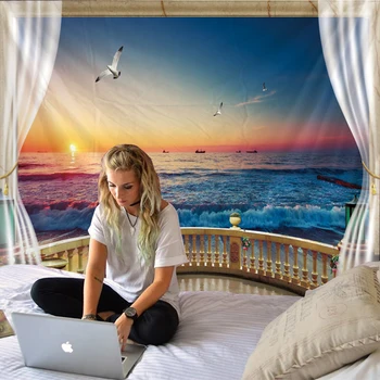 Sončni zahod Seascape 3D Tiskanja Tapiserija Steni Visi Dekorativne Stenske Preprogo, Posteljo Stanja Bohemian Hipi Doma Dekor Kavču Vrgel