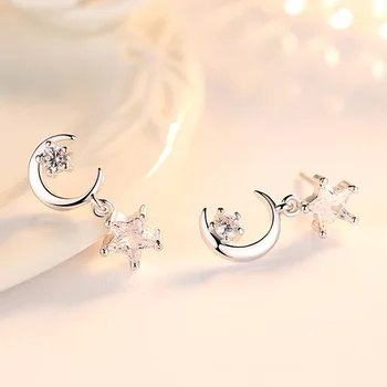 Spodbujanje 925 sterling silver fashion moon & star asimetrične sijoče kristalno ženske'stud uhani nakit, ženski alergijo brezplačno