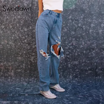 Sweetown izrežemo Stiski Naravnost Kavbojke Ženske Preppy Stil 90. letih Deklice Ulične Priložnostne Visoko Wais Hip Hop Vrečasta Traper Hlače