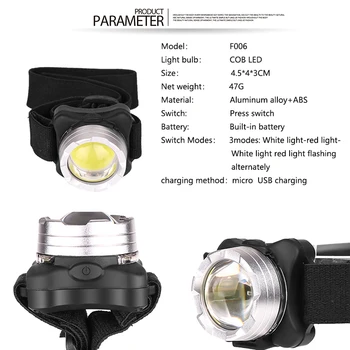 Vgrajena baterija 5000Lumens LED žaromet USB Polnilne COB delo svetlobe, 3light načini Nepremočljiva smerniki za ribolov, kampiranje