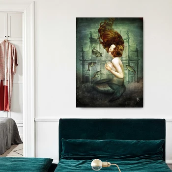 WANGART poster tiskanje morske deklice Biser Olje, Slikarsko Platno Stenske Slike za Dnevni Sobi Doma Dekor