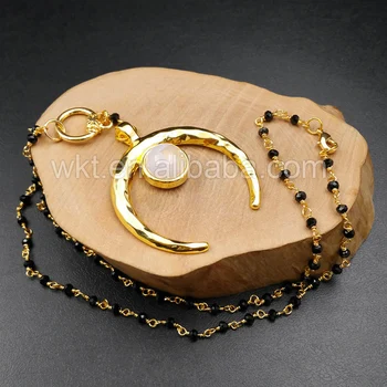 WT-N961 Debelo naravnega kamna modni nakit Upreti tarnishable zlato barvo Ox rog obesek s črno osnovo ogrlica za ženske