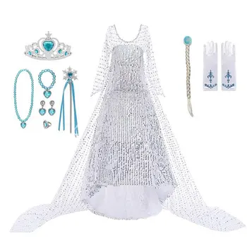 Zamrznjeno 2 Fancy Princesa Elsa Obleko Gor Božično Karneval Dekleta Elsa Kostum Za Otroka, Rojstni Dan Bele Sequined Dolgim Repom Obleko
