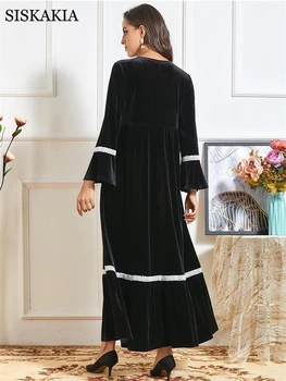Črni Žamet Vezeni Cvetlični Maxi obleke za Ženske Jeseni Leta 2020 O Vratu Flare Dolg Rokav arabski Islamski Muslimanskih Oblačil Turčija